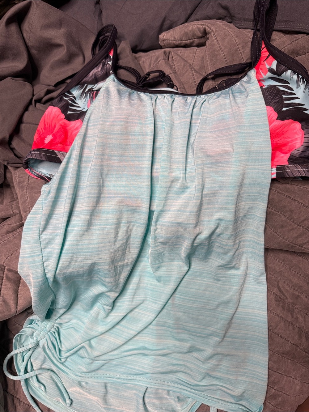 ZeroXposur Mint Striped Tankini with Coral Floral Accent